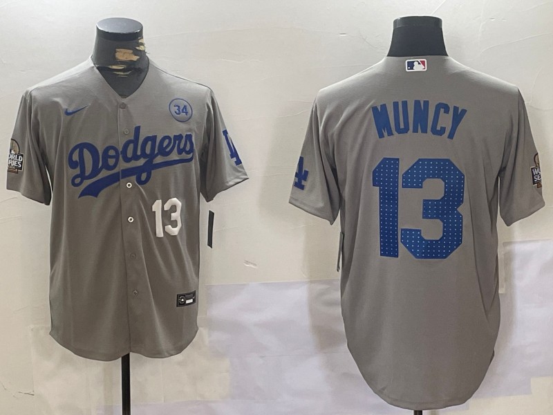 Men's Los Angeles Dodgers #13 Max Muncy Grey 2024 World Series With 34 Fernando Memorial Patch Fashion Limited Stitched Baseball Jersey 05