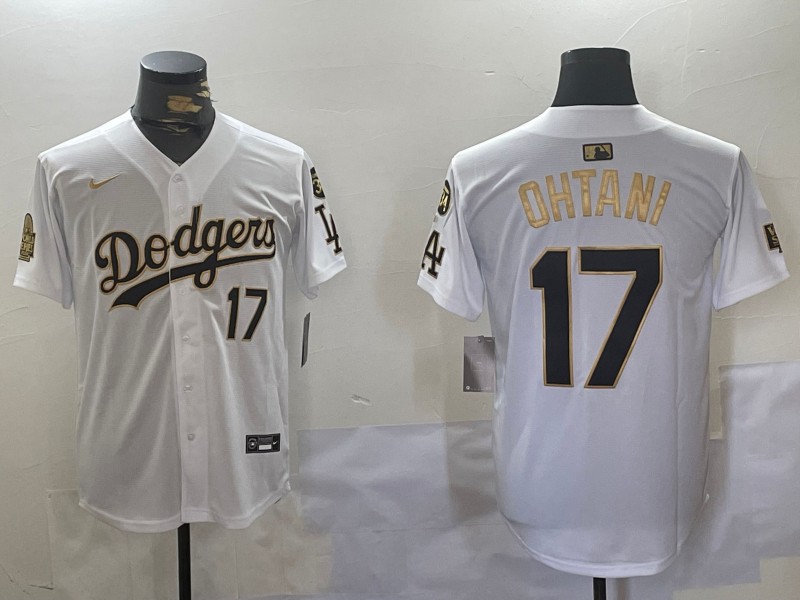 Men's Los Angeles Dodgers #17 Shohei Ohtani White Gold 2024 World Series With Fernando Memorial Patch Limited Stitched Baseball Jerseys