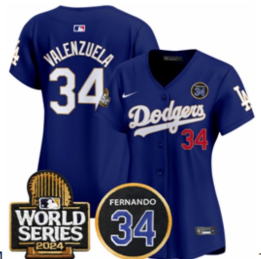 Women's Los Angeles Dodgers #34 Fernando Valenzuela Royal Gold 2024 World Series With Fernando Memorial Patch Home Limited Stitched Baseball Jerseys(Run Small)