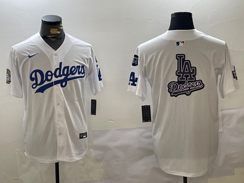 Men's Los Angeles Dodgers Blank Big Logo White 2024 World Series With Fernando Memorial Patch Limited Stitched Baseball Jerseys