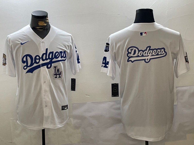 Men's Los Angeles Dodgers Blank Big Logo White 2024 World Series With Fernando Memorial Patch Limited Stitched Baseball Jerseys 04