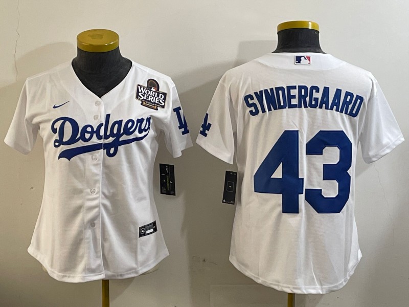 Women's Los Angeles Dodgers #43 Noah Syndergaard White 2024 World Series Patch Limited Stitched Baseball Jersey