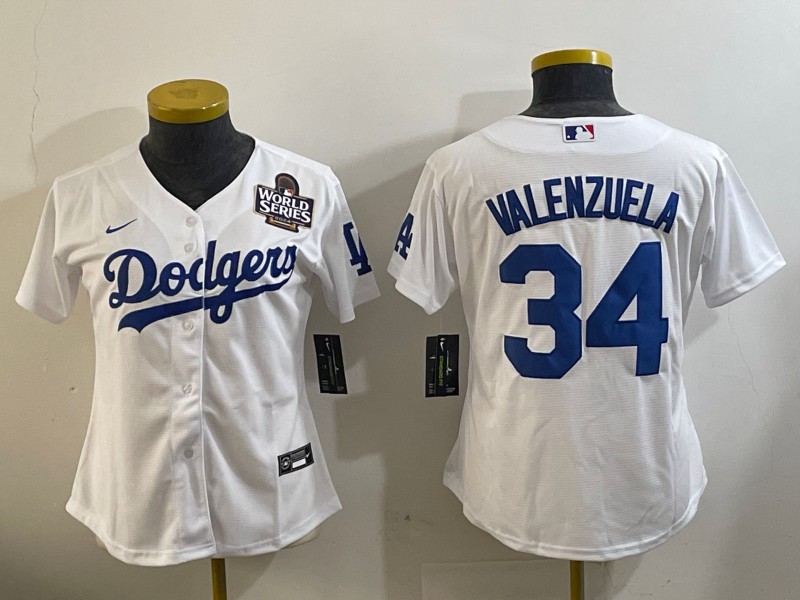 Women's Los Angeles Dodgers #34 Fernando Valenzuela White 2024 World Series Patch Limited Stitched Baseball Jersey