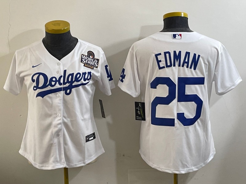 Women's Los Angeles Dodgers #25 Tommy Edman White 2024 World Series Patch Limited Stitched Baseball Jersey