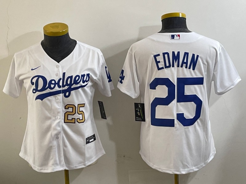 Women's Los Angeles Dodgers #25 Tommy Edman White Limited Stitched Baseball Jersey 05