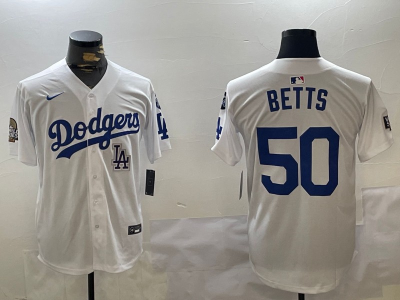 Men's Los Angeles Dodgers #50 Mookie Betts White 2024 World Series With Fernando Memorial Patch Limited Stitched Baseball Jersey 06