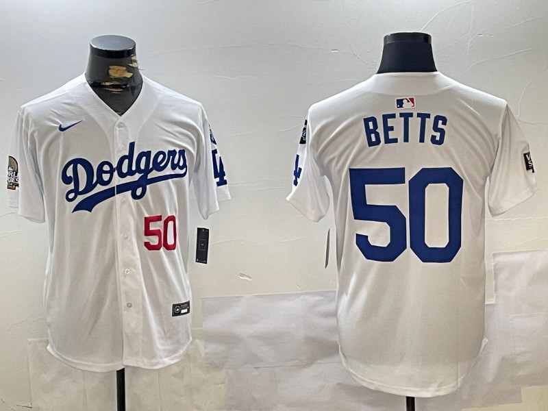 Men's Los Angeles Dodgers #50 Mookie Betts White 2024 World Series With Fernando Memorial Patch Limited Stitched Baseball Jersey