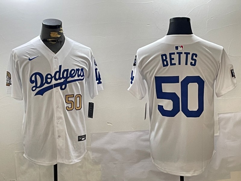 Men's Los Angeles Dodgers #50 Mookie Betts White 2024 World Series With Fernando Memorial Patch Limited Stitched Baseball Jersey 04