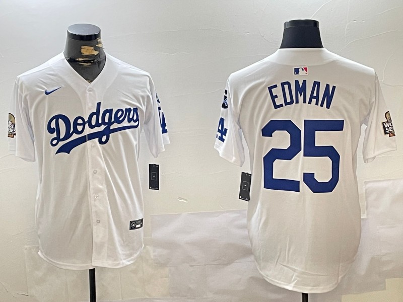 Men's Los Angeles Dodgers #25 Tommy Edman White 2024 World Series With Fernando Memorial Patch Limited Stitched Baseball Jerseys