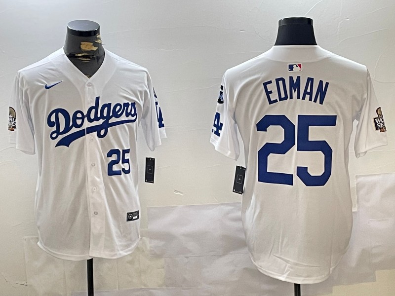 Men's Los Angeles Dodgers #25 Tommy Edman White 2024 World Series With Fernando Memorial Patch Limited Stitched Baseball Jersey 05