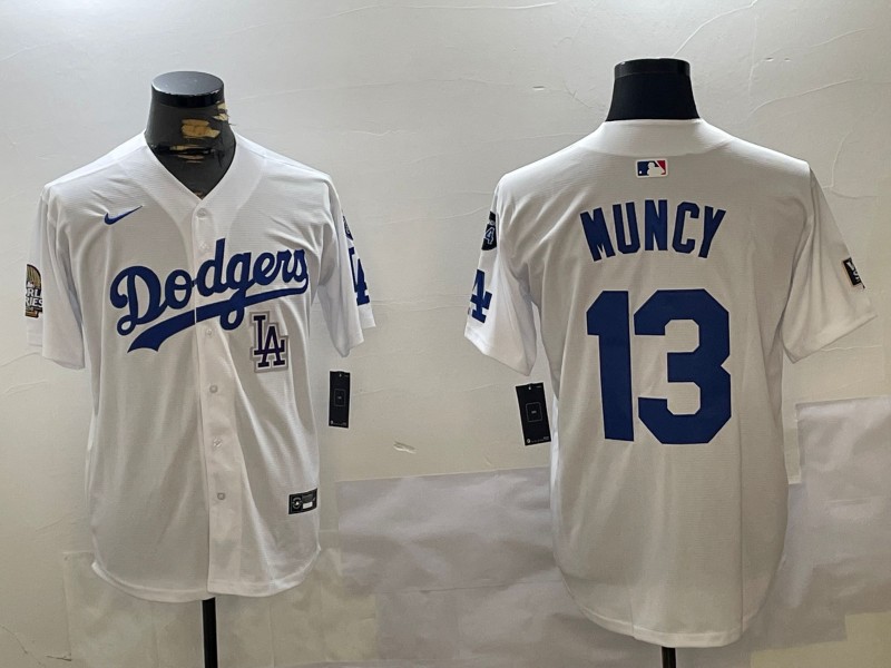 Men's Los Angeles Dodgers #13 Max Muncy White 2024 World Series With Fernando Memorial Patch Limited Stitched Baseball Jersey 05