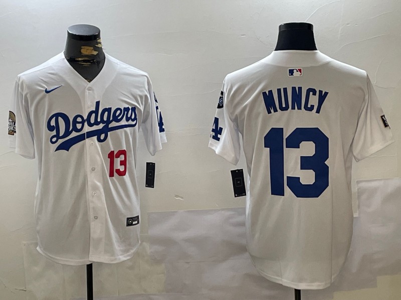 Men's Los Angeles Dodgers #13 Max Muncy White 2024 World Series With Fernando Memorial Patch Limited Stitched Baseball Jersey