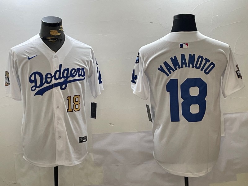 Men's Los Angeles Dodgers #18 Yoshinobu Yamamoto White 2024 World Series With Fernando Memorial Patch Limited Stitched Baseball Jersey 04