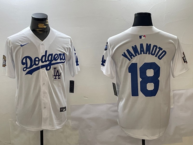 Men's Los Angeles Dodgers #18 Yoshinobu Yamamoto White 2024 World Series With Fernando Memorial Patch Limited Stitched Baseball Jersey 05