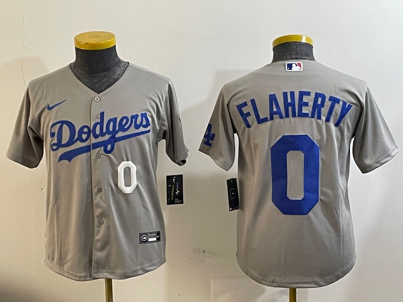 Youth Los Angeles Dodgers #0 Jack Flaherty Gray Alternate Road With Number Stitched Baseball Jersey 01