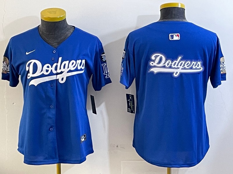 Women's Los Angeles Dodgers Blank Royal Big Logo 2024 World Series With Fernando Memorial Patch Limited Stitched Baseball Jersey 04