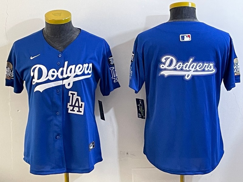 Women's Los Angeles Dodgers Blank Royal Big Logo 2024 World Series With Fernando Memorial Patch Limited Stitched Baseball Jerseys 04