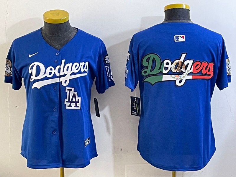 Women's Los Angeles Dodgers Blank Royal Big Logo 2024 World Series With Fernando Memorial Patch Limited Stitched Baseball Jerseys 03