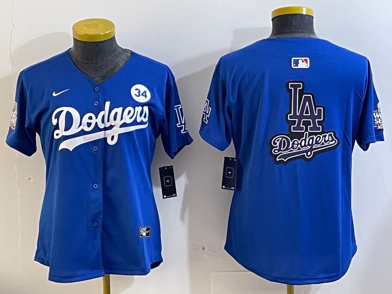 Women's Los Angeles Dodgers Blank Royal Big Logo City Connect With Fernando Memorial Patch Limited Stitched Baseball Jersey 01