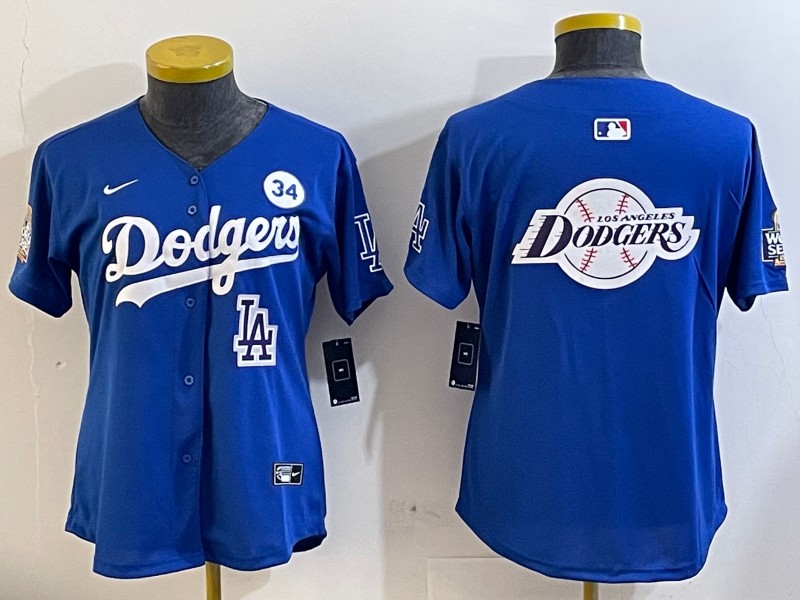 Women's Los Angeles Dodgers Blank Royal Big Logo City Connect With Fernando Memorial Patch Limited Stitched Baseball Jerseys 03