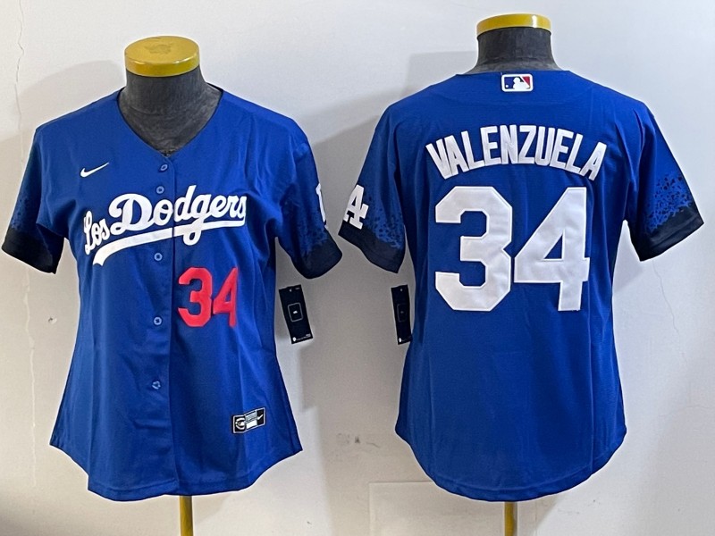 Women's Los Angeles Dodgers #34 Fernando Valenzuela Royal Number City Connect Limited Stitched Baseball Jersey