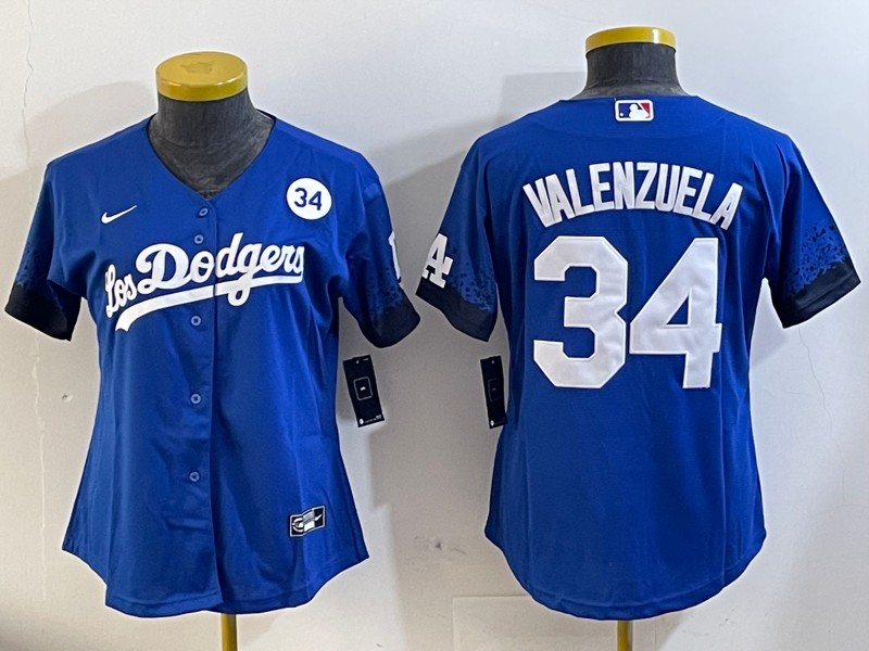 Women's Los Angeles Dodgers #34 Fernando Valenzuela Royal City Connect With Fernando Memorial Patch Limited Stitched Baseball Jersey