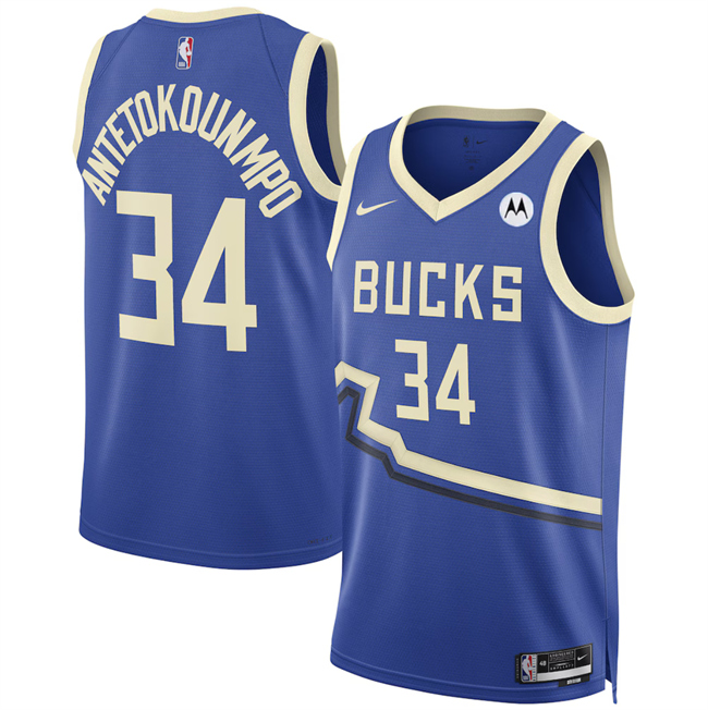 Men's Milwaukee Bucks #34 Giannis Antetokounmpo Royal 2024_25 City Edition Stitched Basketball Jersey