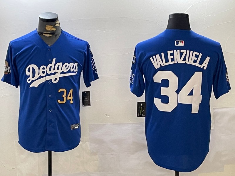 Men's Los Angeles Dodgers #34 Fernando Valenzuela Royal Number 2024 World Series With Fernando Memorial Patch Alternate Limited Stitched Baseball Jerseys