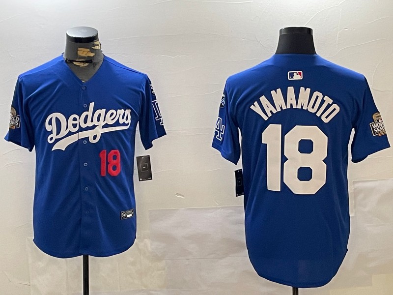 Men's Los Angeles Dodgers #18 Yoshinobu Yamamoto Royal 2024 World Series With Fernando Memorial Patch Limited Stitched Baseball Jersey