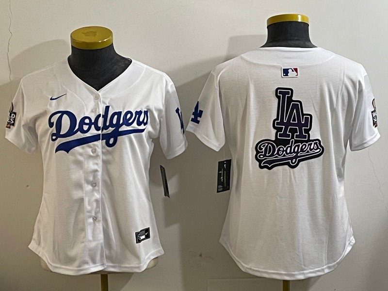 Women's Los Angeles Dodgers Blank White 2024 World Series Big Team Logo Limited Nike Stitched MLB Jersey