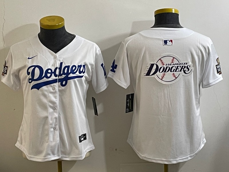 Women's Los Angeles Dodgers Blank White 2024 World Series Big Team Logo Limited Stitched MLB Jersey