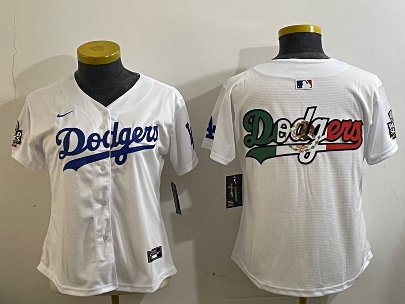 Women's Los Angeles Dodgers Blank White 2024 World Series Big Team Logo Limited Nike Stitched MLB Jersey Mexico