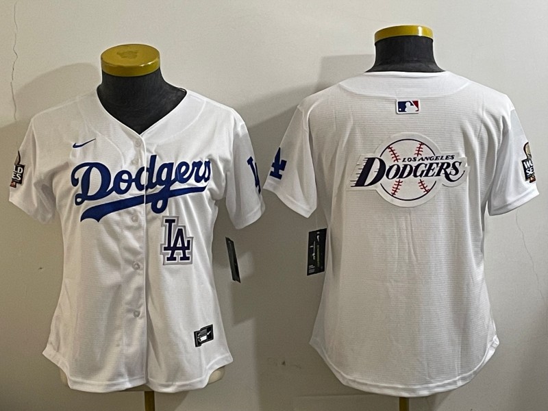 Women's Los Angeles Dodgers Blank White LA 2024 World Series Big Team Logo Limited Stitched MLB Jersey