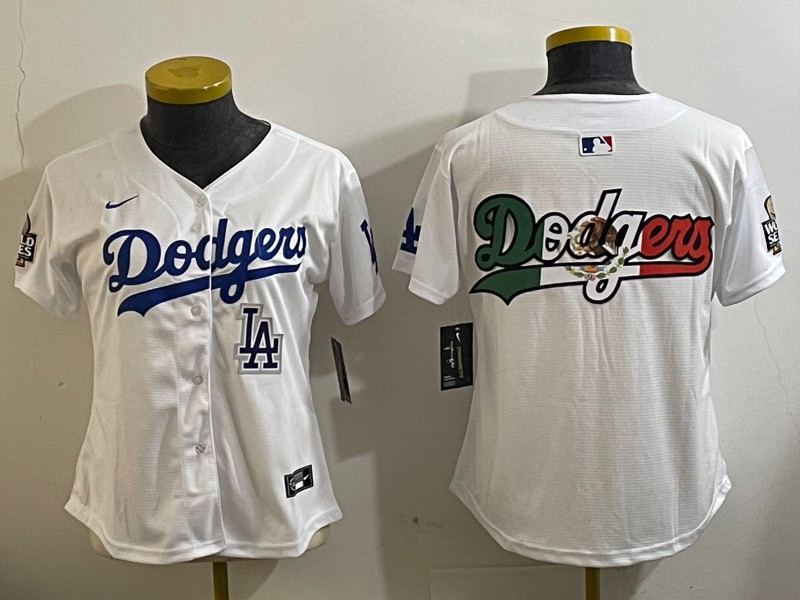 Women's Los Angeles Dodgers Blank White LA 2024 World Series Big Team Logo Limited Nike Stitched MLB Jersey Mexico