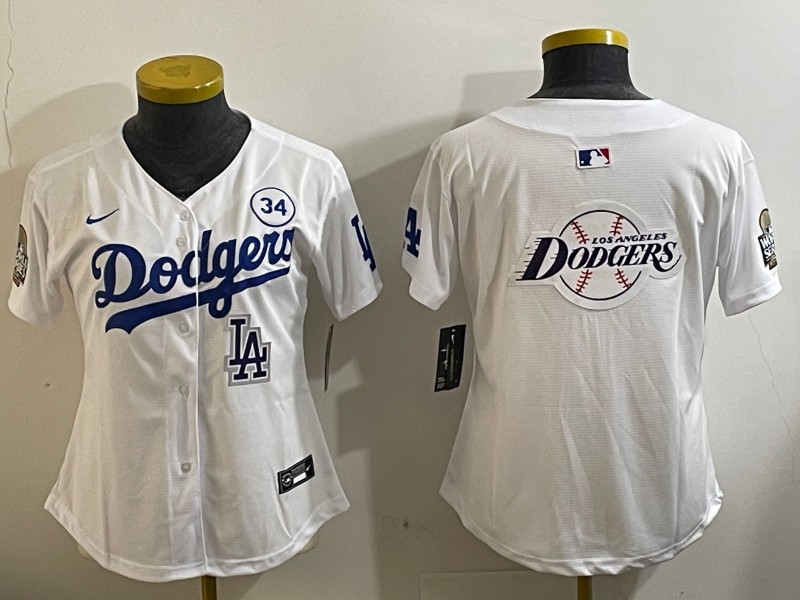 Women's Los Angeles Dodgers Blank White LA 2024 World Series With No. 34 Patch Big Team Logo Limited Stitched Baseball Jersey