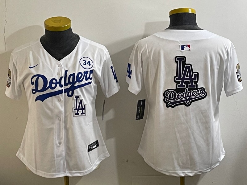 Women's Los Angeles Dodgers Blank White LA 2024 World Series With No. 34 Patch Big Team Logo Limited Nike Stitched Baseball Jersey