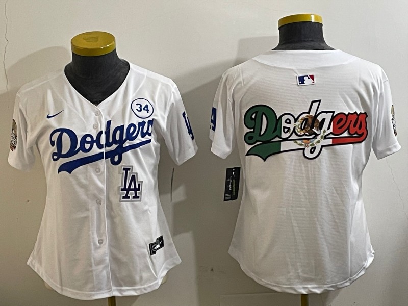 Women's Los Angeles Dodgers Blank White LA 2024 World Series With No. 34 Patch Big Team Logo Limited Stitched MLB Jersey Mexico