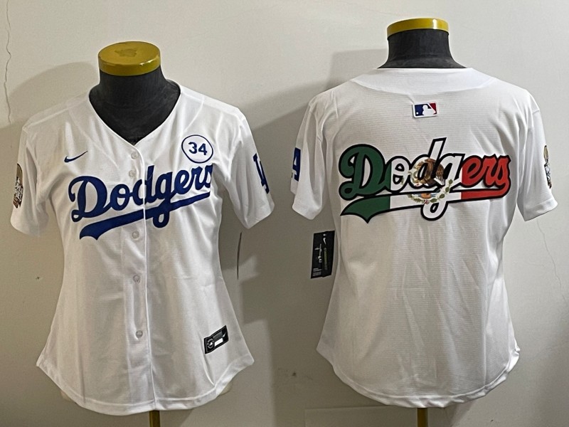 Women's Los Angeles Dodgers Blank White 2024 World Series With No. 34 Patch Big Team Logo Limited Stitched MLB Jersey Mexico