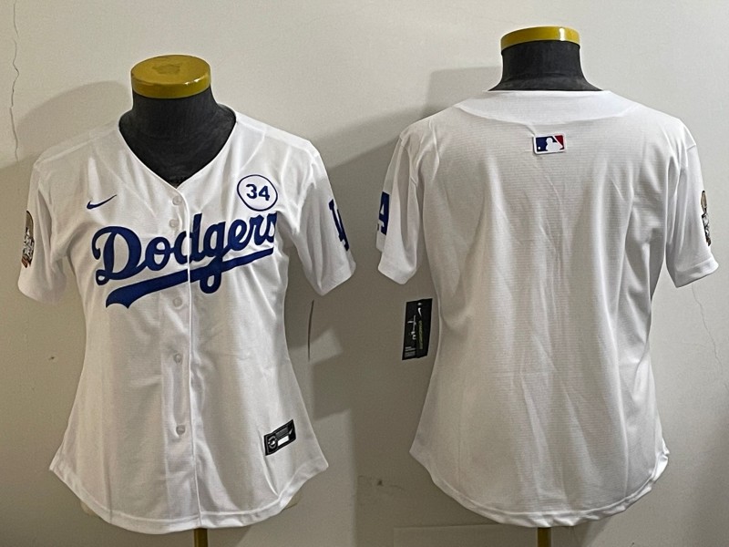 Women's Los Angeles Dodgers Blank White 2024 World Series With No. 34 Patch Limited Stitched Baseball Jersey