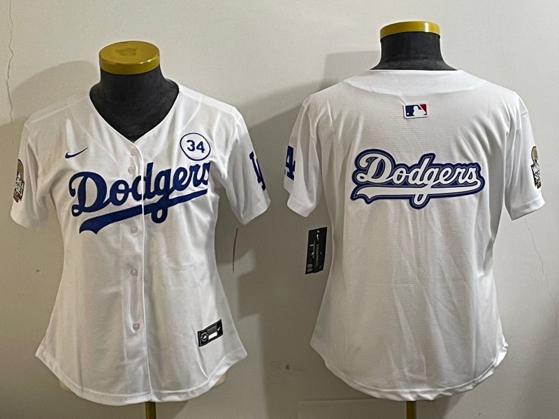 Women's Los Angeles Dodgers Blank White 2024 World Series With No. 34 Patch Big Team Logo Limited Stitched MLB Jersey