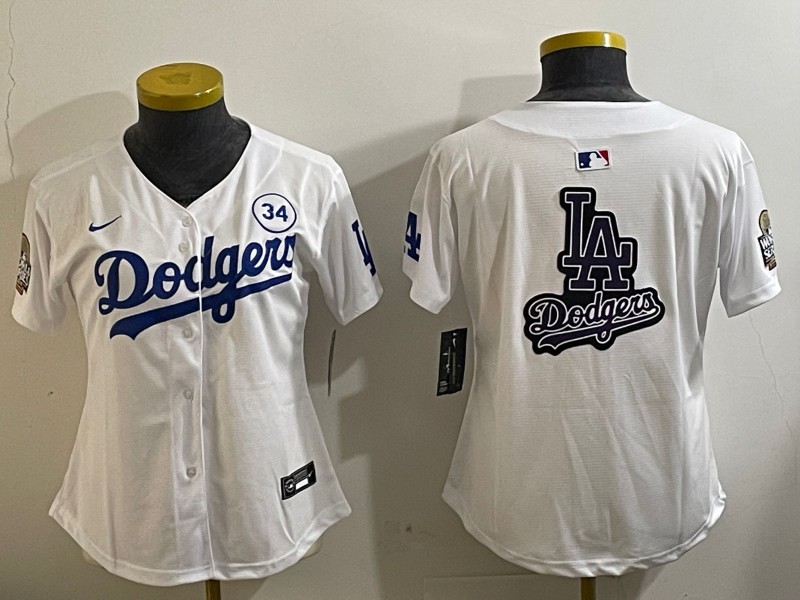 Women's Los Angeles Dodgers Blank White 2024 World Series With No. 34 Patch Big Team Logo Limited Nike Stitched Baseball Jersey