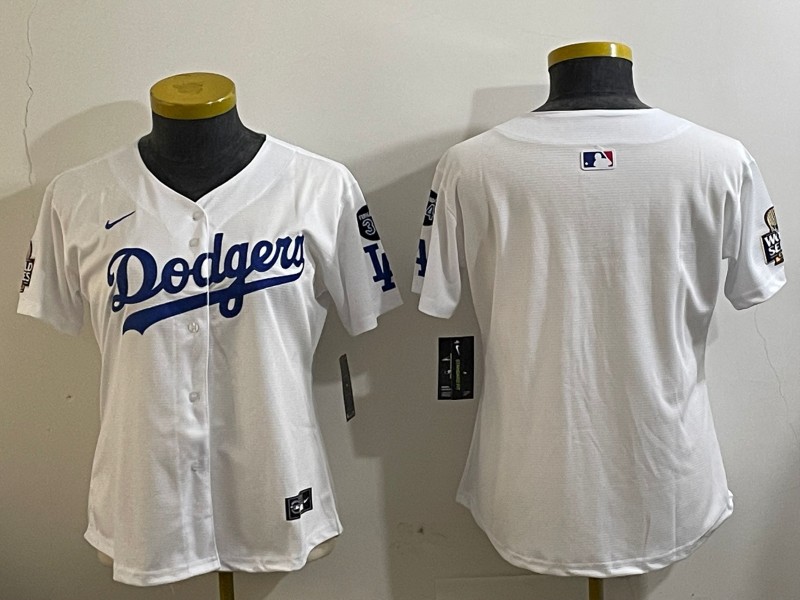 Women's Los Angeles Dodgers Blank White 2024 World Series With Fernando Memorial Patch Limited Stitched Baseball Jersey