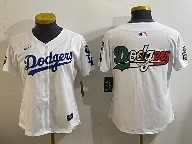 Women's Los Angeles Dodgers Blank White 2024 World Series With Fernando Memorial Patch Big Team Logo Limited MLB Stitched Jersey Mexico