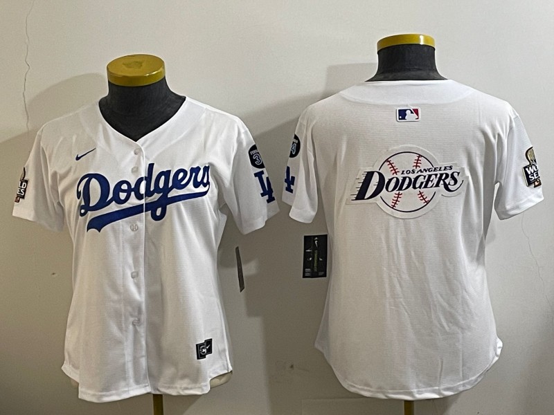 Women's Los Angeles Dodgers Blank White 2024 World Series With Fernando Memorial Patch Big Team Logo Limited Stitched Baseball Jersey