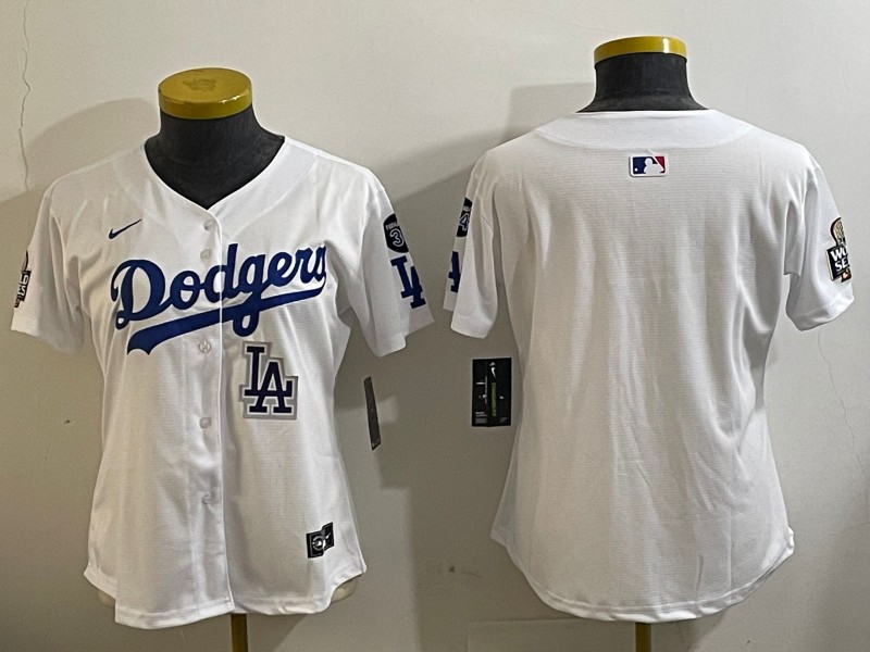 Women's Los Angeles Dodgers Blank White LA 2024 World Series With Fernando Memorial Patch Limited Stitched Baseball Jersey