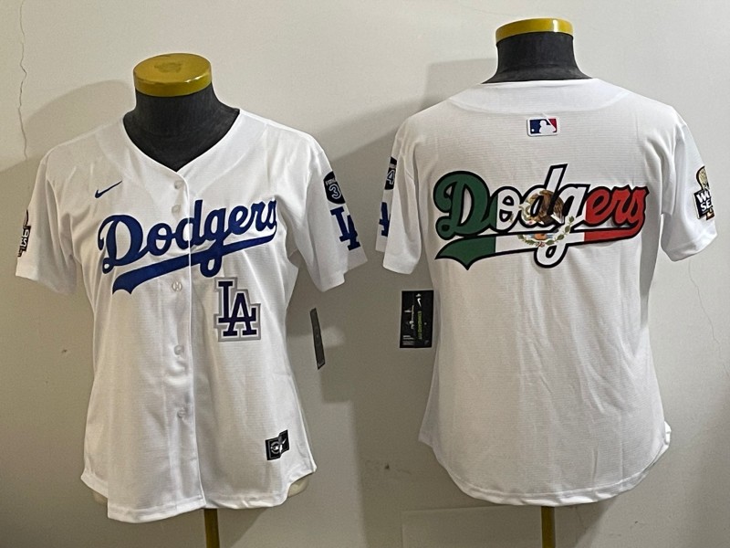 Women's Los Angeles Dodgers Blank White LA 2024 World Series With Fernando Memorial Patch Big Team Logo Limited MLB Stitched Jersey Mexico