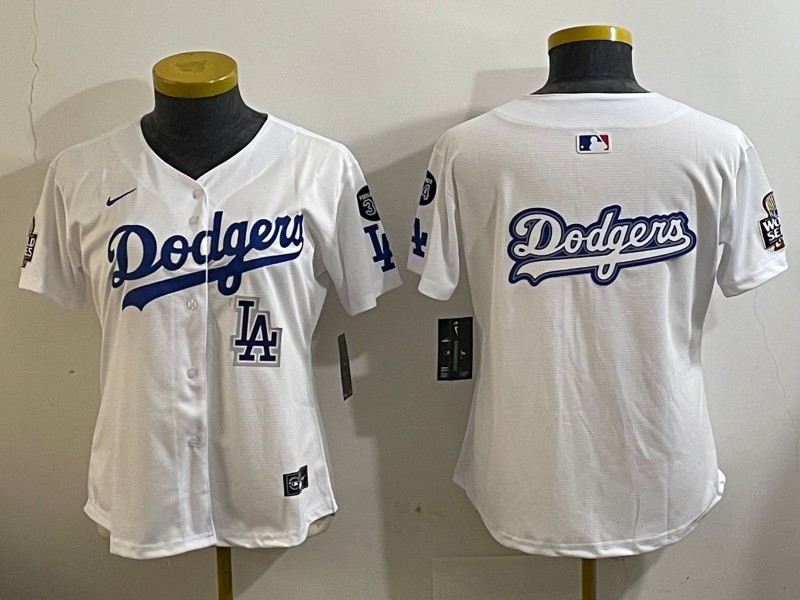 Women's Los Angeles Dodgers Blank White LA 2024 World Series With Fernando Memorial Patch Big Team Logo Limited Stitched MLB Jersey