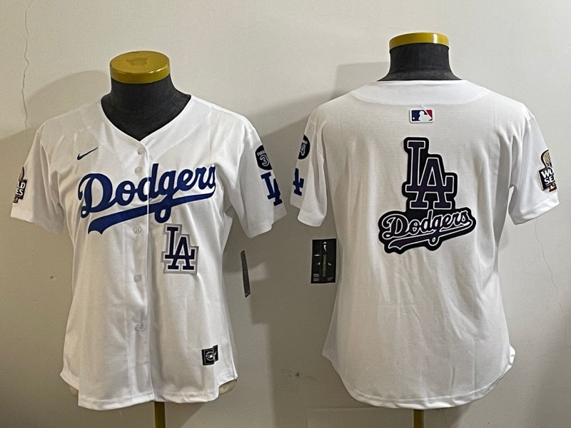 Women's Los Angeles Dodgers Blank White LA 2024 World Series With Fernando Memorial Patch Big Team Logo Limited MLB Stitched Jersey