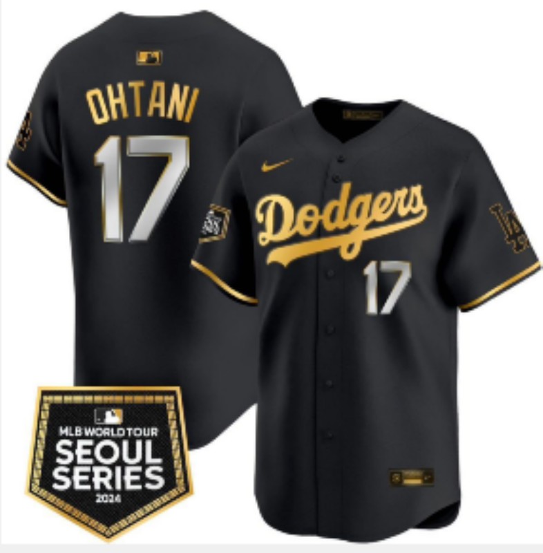 Men's Los Angeles Dodgers #17 Shohei Ohtani Black Gold 2024 World Tour Seoul Series Patch Limited Stitched Baseball Jersey