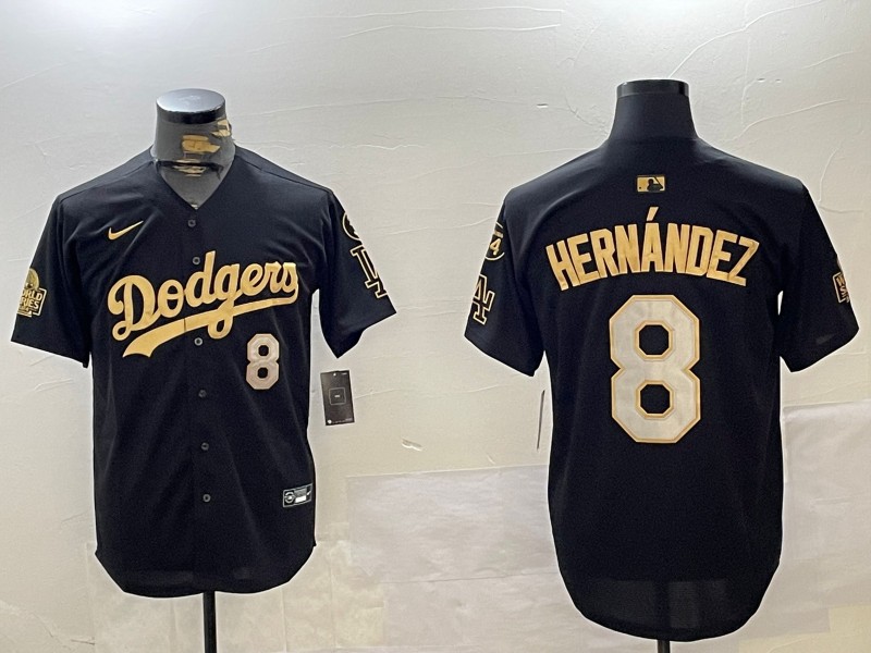 Men's Los Angeles Dodgers #8 Enrique Hernández Black Gold 2024 World Series With Fernando Memorial Patch Limited Stitched Baseball Jersey